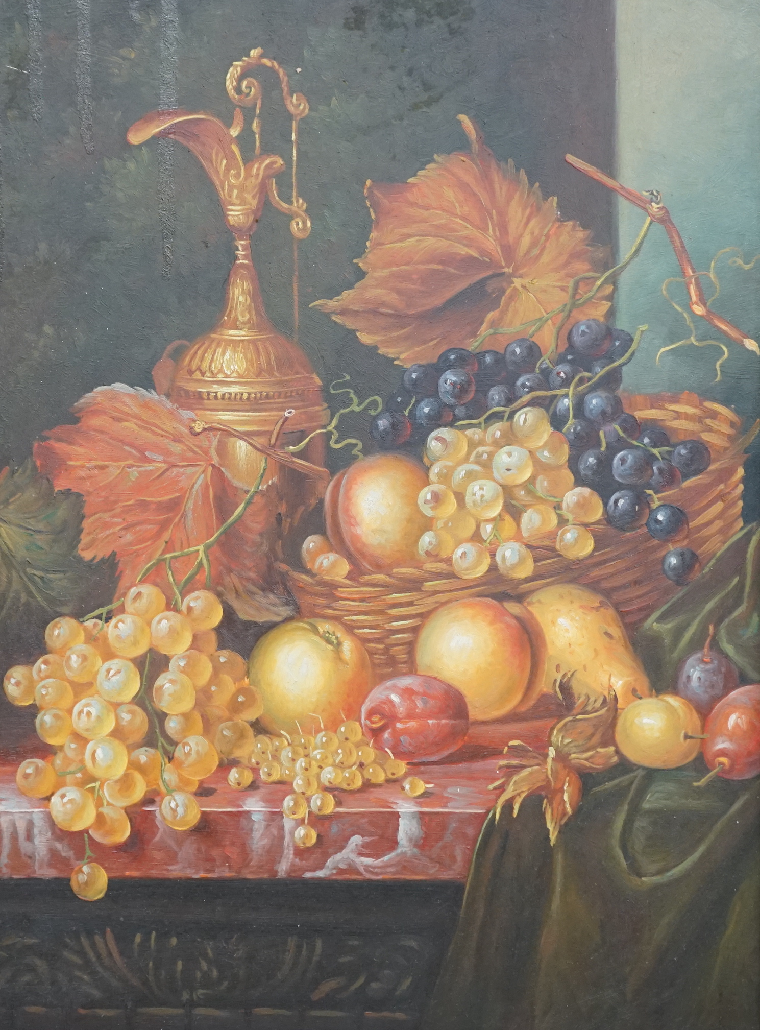A reproduction oil on board in the 17th century Dutch style, Still life of fruit and vessels, unsigned, 39 x 29cm